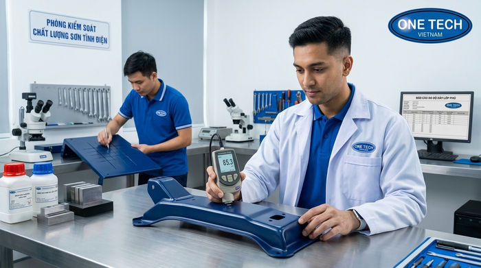 Kiểm tra chất lượng lớp sơn tĩnh điện Kiểm tra độ dày và độ bám của lớp sơn tĩnh điện sau khi hoàn thiện