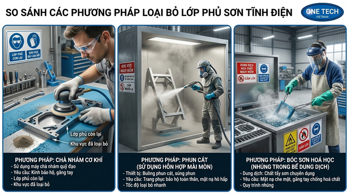 So sánh các phương pháp tẩy sơn tĩnh điện cơ học hóa học và phun cát