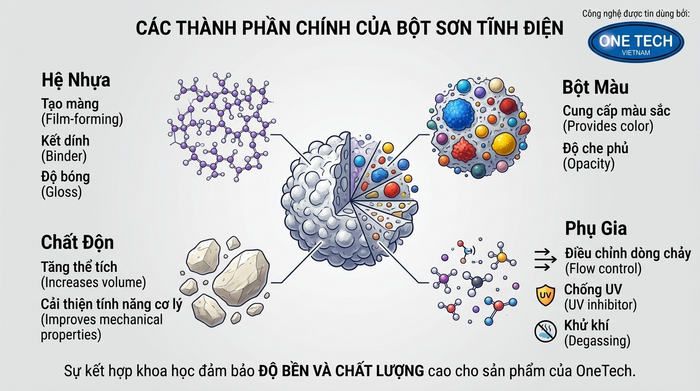 Thành phần bột sơn tĩnh điện gồm nhựa bột màu chất độn và phụ gia Minh họa các thành phần chính trong bột sơn tĩnh điện