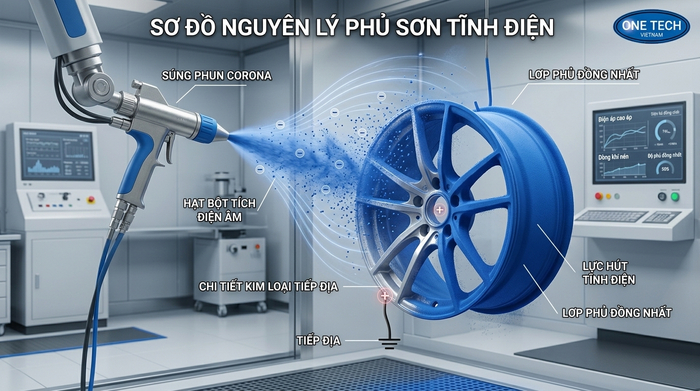 Quy trình phun bột theo tiêu chuẩn sơn tĩnh điện Cần Thơ Minh họa nguyên lý phun bột sơn tĩnh điện trên bề mặt kim loại