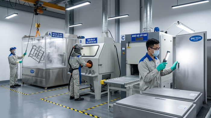 Xử lý bề mặt trước khi sơn tĩnh điện đạt chuẩn Công đoạn xử lý bề mặt kim loại trước khi phun sơn tĩnh điện